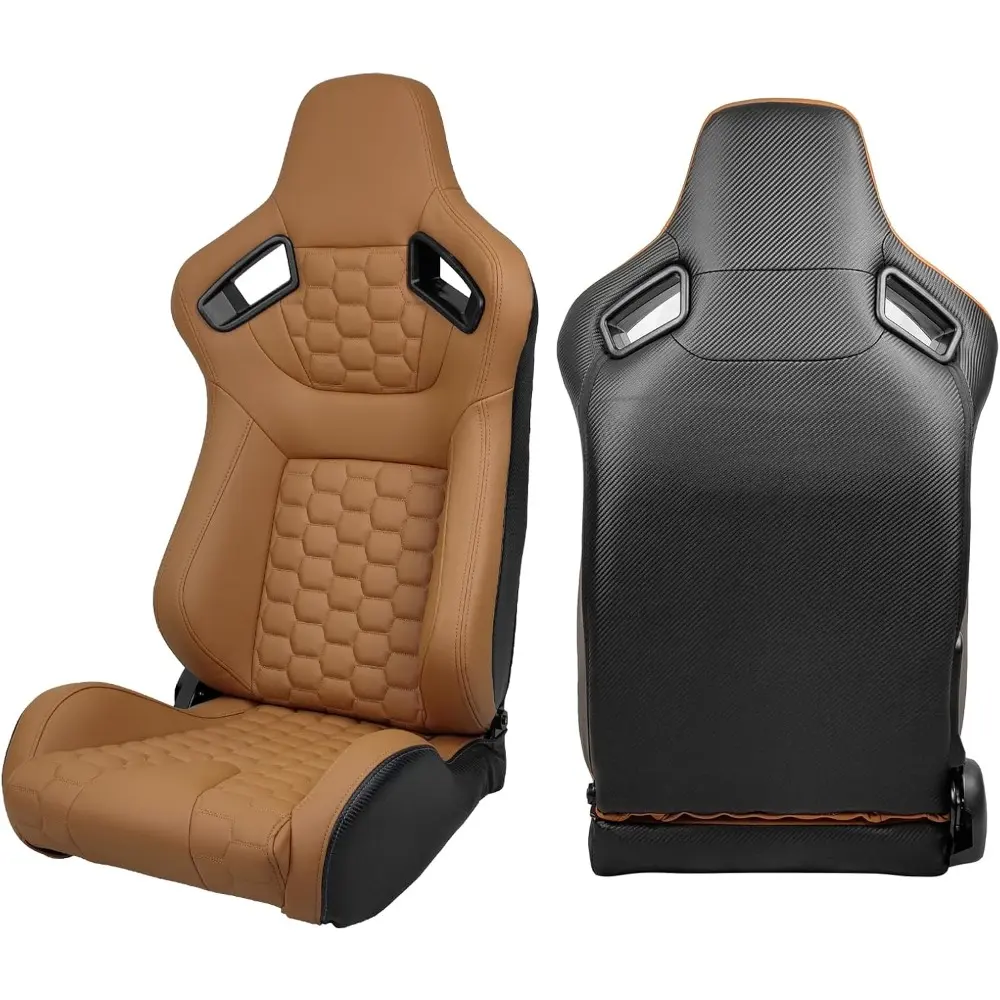 , Universal Racing Seats with Dual Sliders, Reclinable Brown PU + Carbon Leather with Hexagonal Quilting Sport Bucket Seats, 1 P