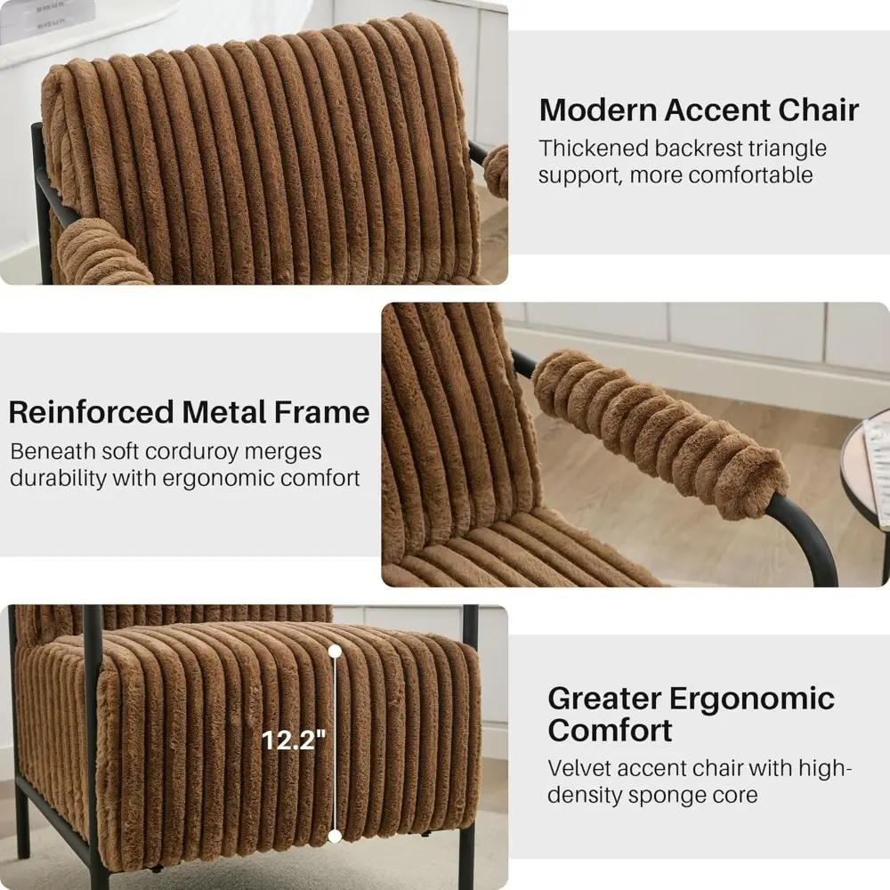 Modern Velvet Accent Chair Brown Plush Fluffy Upholstery Sturdy Metal Frame Lounge Armchair Ergonomic Reading Chair for Living R