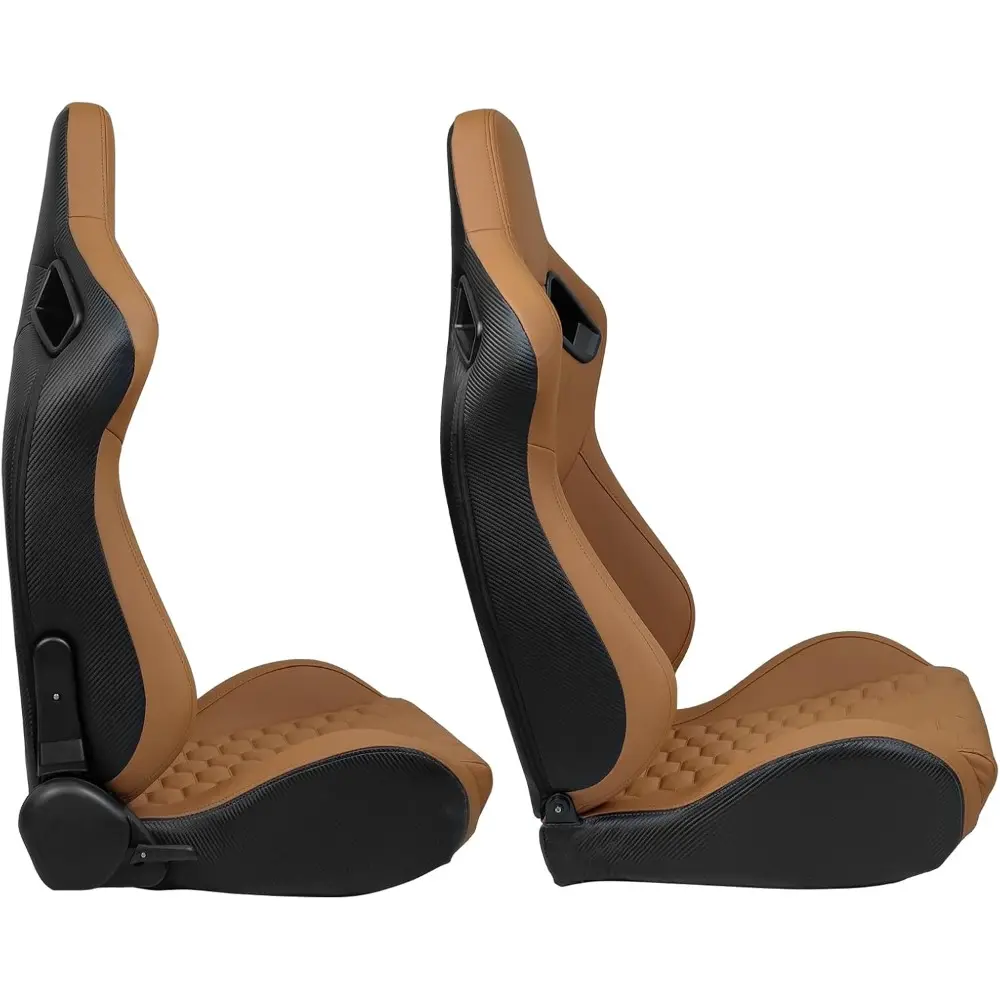 , Universal Racing Seats with Dual Sliders, Reclinable Brown PU + Carbon Leather with Hexagonal Quilting Sport Bucket Seats, 1 P
