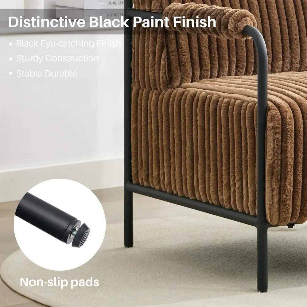 Modern Velvet Accent Chair Brown Plush Fluffy Upholstery Sturdy Metal Frame Lounge Armchair Ergonomic Reading Chair for Living R