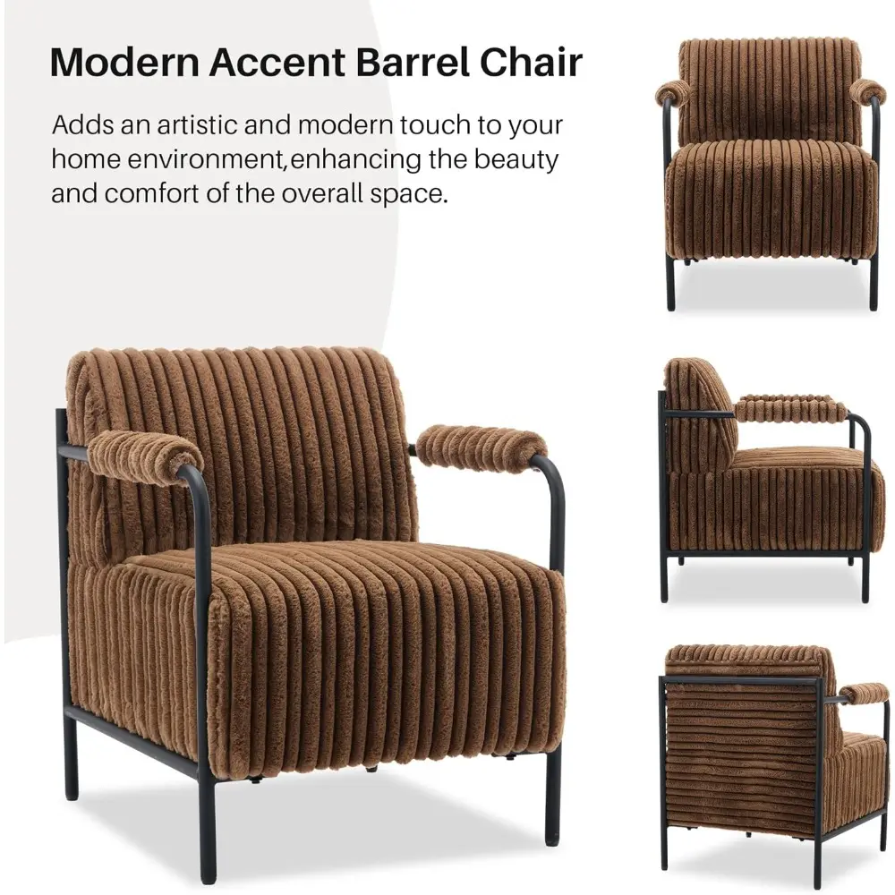 Modern Velvet Accent Chair Brown Plush Fluffy Upholstery Sturdy Metal Frame Lounge Armchair Ergonomic Reading Chair for Living R