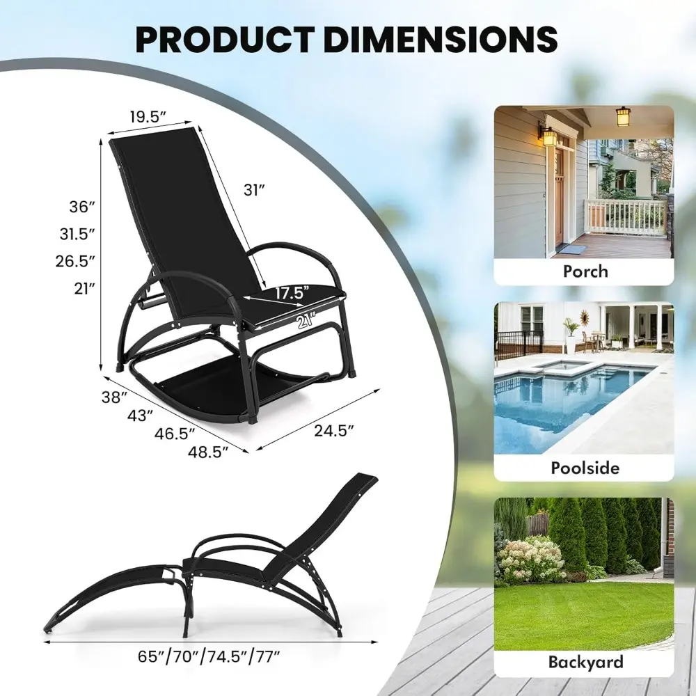2-in-1 Outdoor Rocking Chairs of 2, Convertible Lounge Chair with 4-Position Adjustable Backrest, Curved Armrests, Lightweight