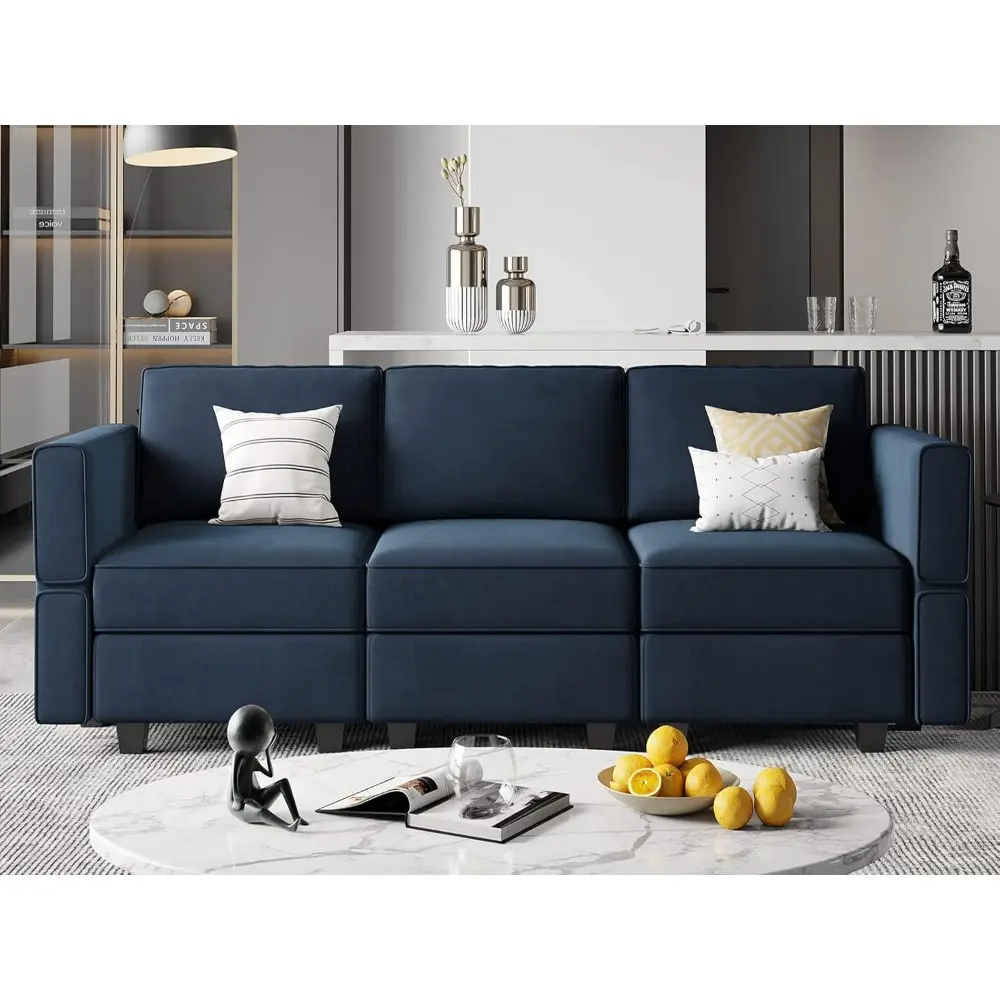 Modular Sofa Couch with Storage Seats Velvet 3 Seater Sofa for Living Room Blue