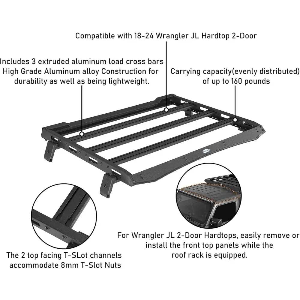 JL 2 Doors Roof Rack Aluminum Cross Bar Cargo Basket Carrier for 2018-2025 Jeep Wrangler JL 2-Door Hard Top - Easily Remove Fro