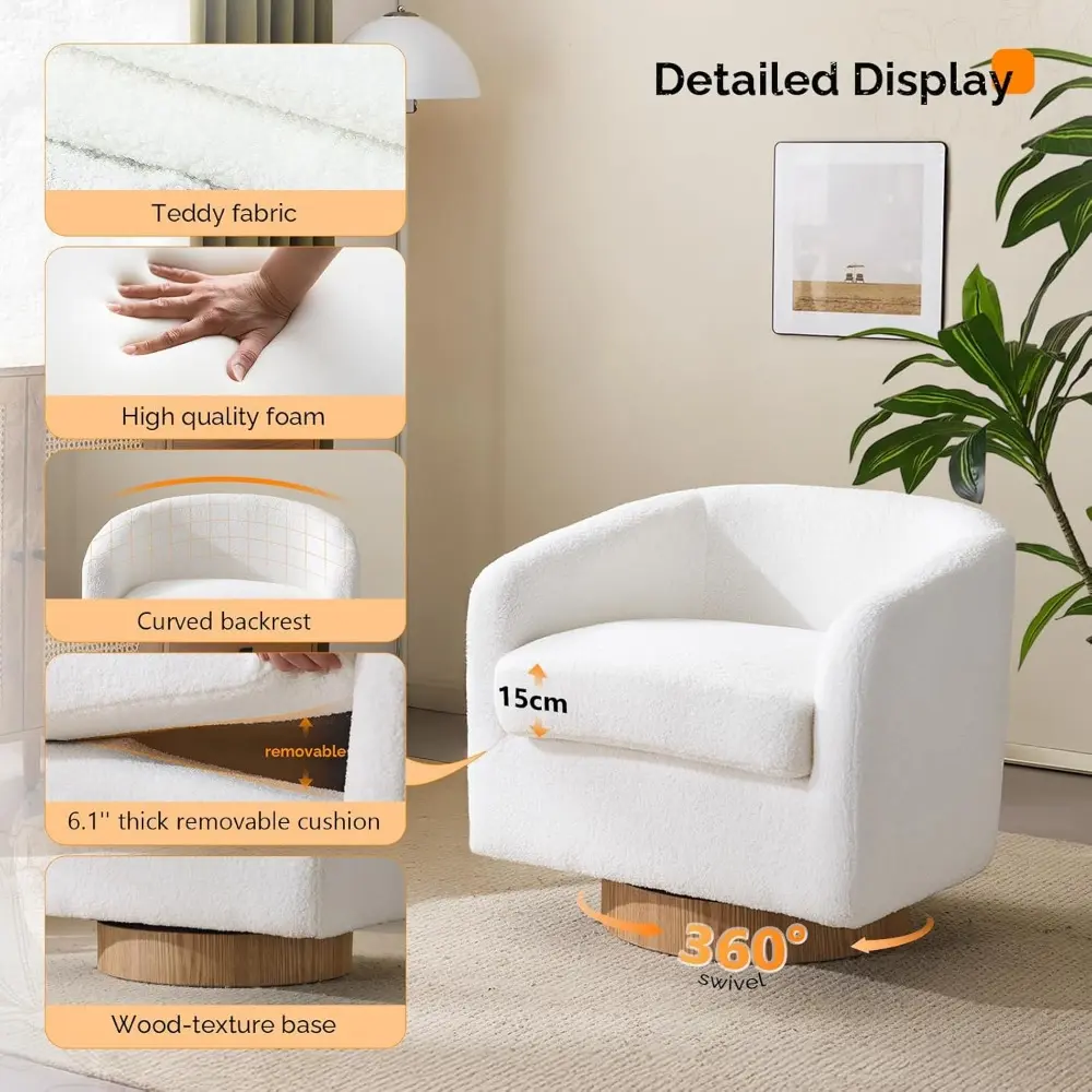 360°Swivel White Teddy Fleece Accent Chairs Set of 2 with Engineered Wood Base and Removable Cushion,Curved Back Barrel Chairs,