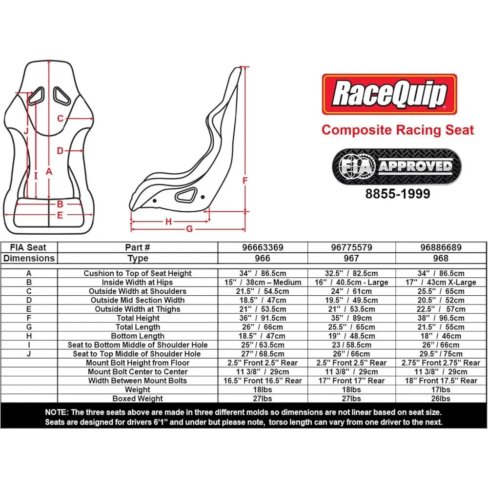 96886689RQP Seat Non-Reclining FIA 17in Harness Openings Fiberglass Black Fabric