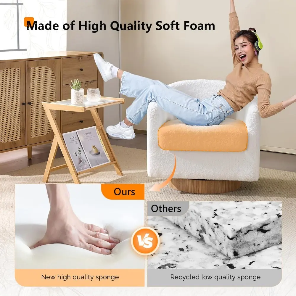 360°Swivel White Teddy Fleece Accent Chairs Set of 2 with Engineered Wood Base and Removable Cushion,Curved Back Barrel Chairs,