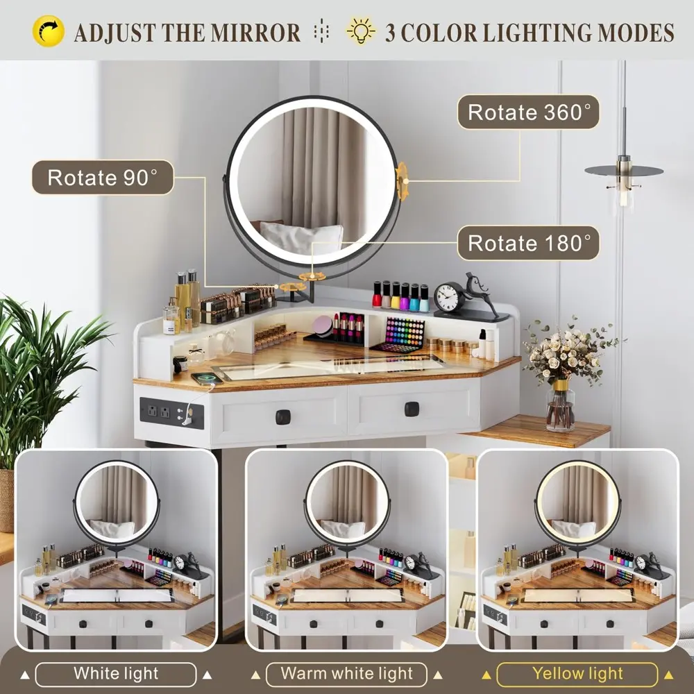 Corner Vanity Desk with Mirror and Lights, Farmhouse Makeup Vanity with Charging Station&Human Sensor Light,Dressing Table with