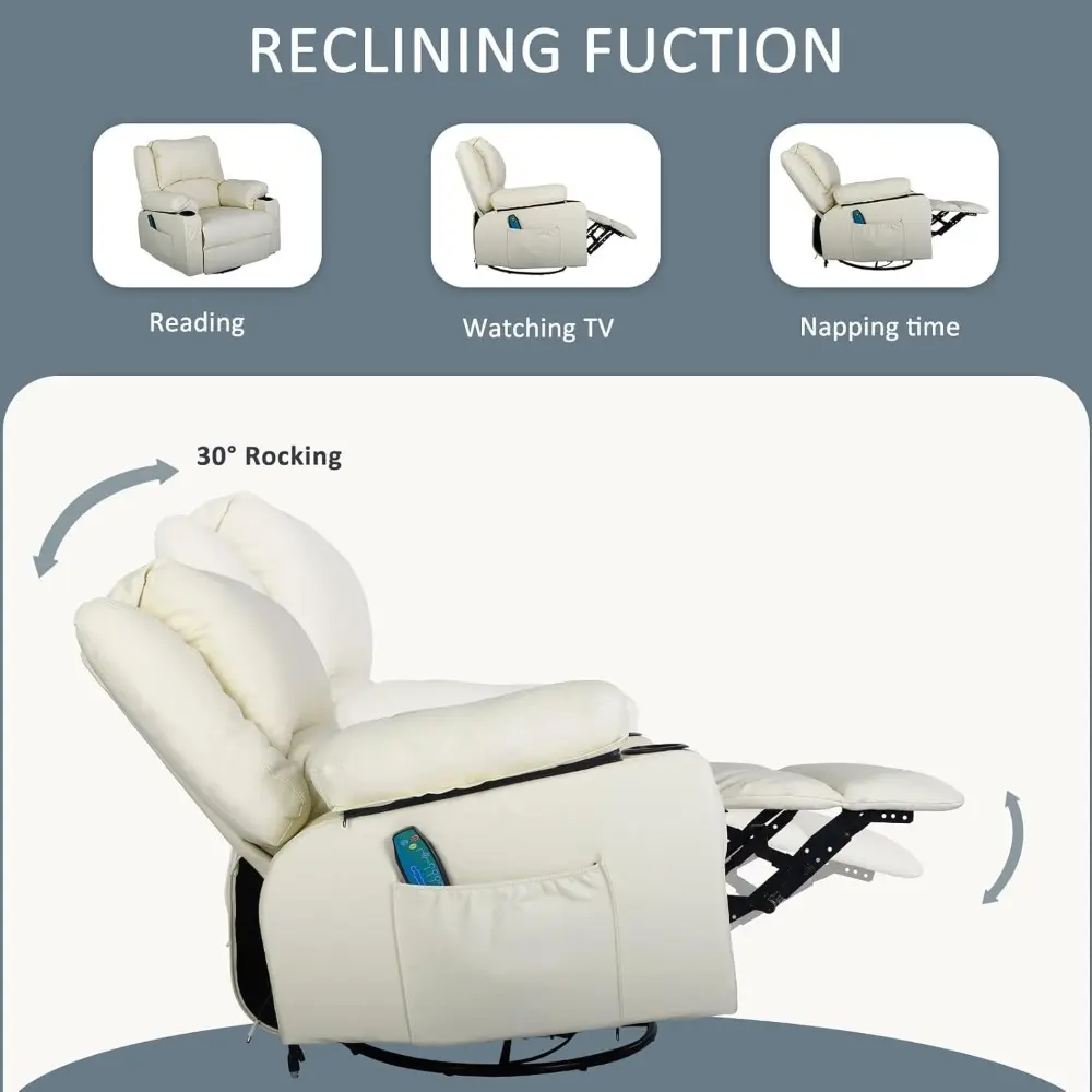 Oversized Leather Swivel Recliner Chairs with Heat and Massage for Living Room Comfort
