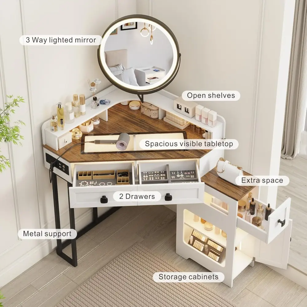 Corner Vanity Desk with Mirror and Lights, Farmhouse Makeup Vanity with Charging Station&Human Sensor Light,Dressing Table with