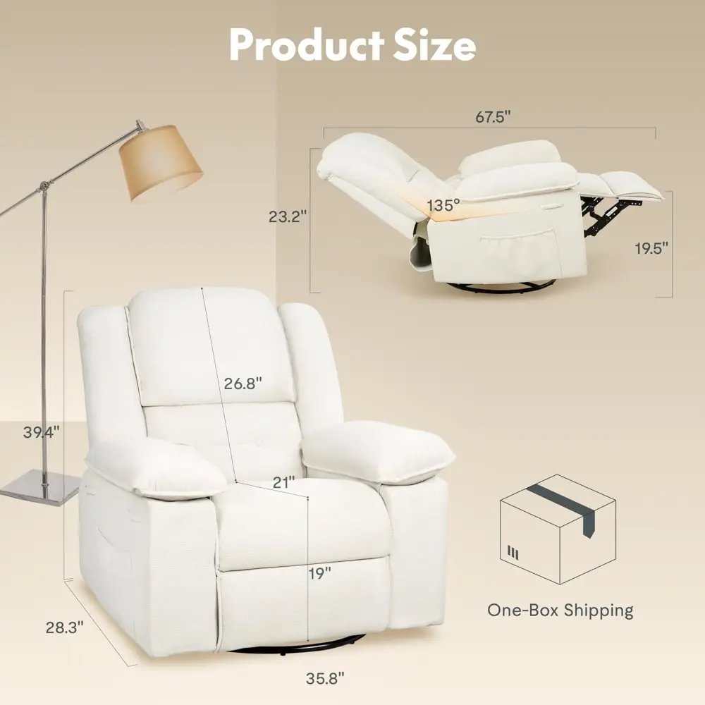 Adult Swivel Rocker Recliner with Massage and Heating, Comfortable Swivel Glider Sofa for Living Spaces and Bedrooms