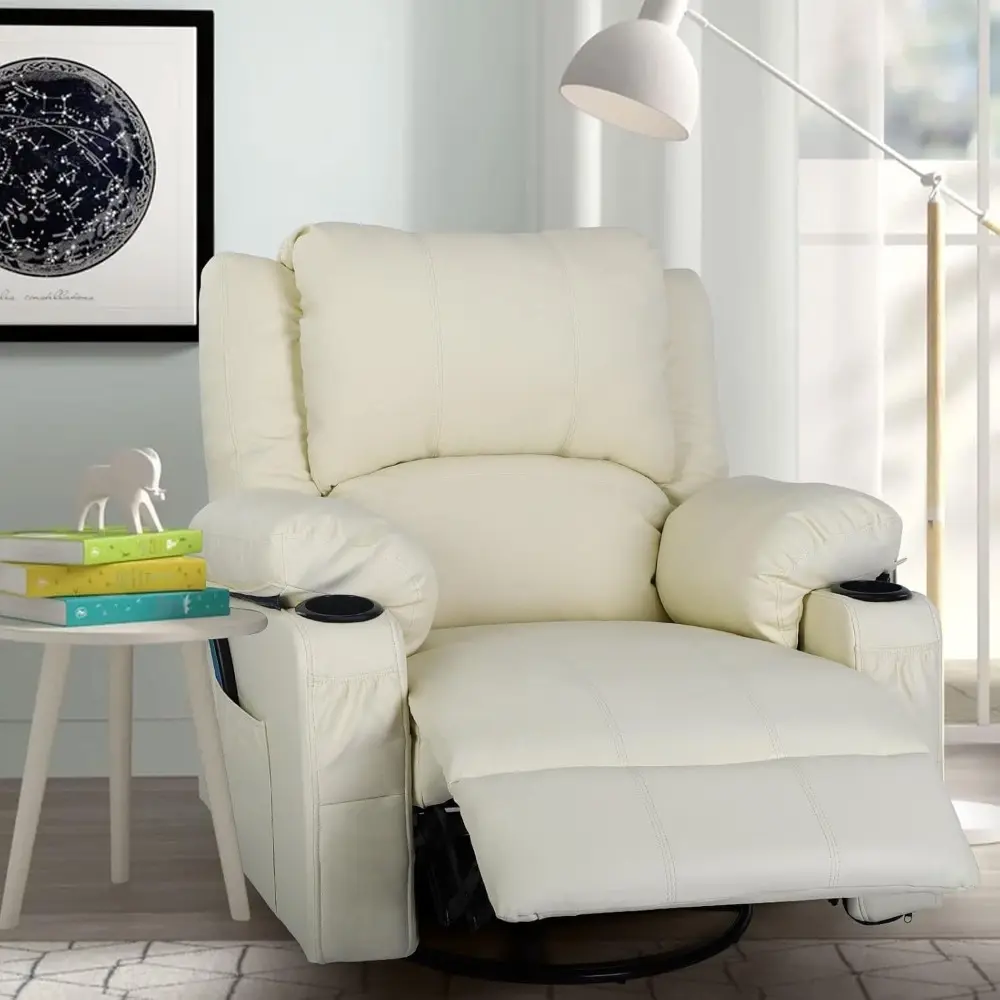Oversized Leather Swivel Recliner Chairs with Heat and Massage for Living Room Comfort