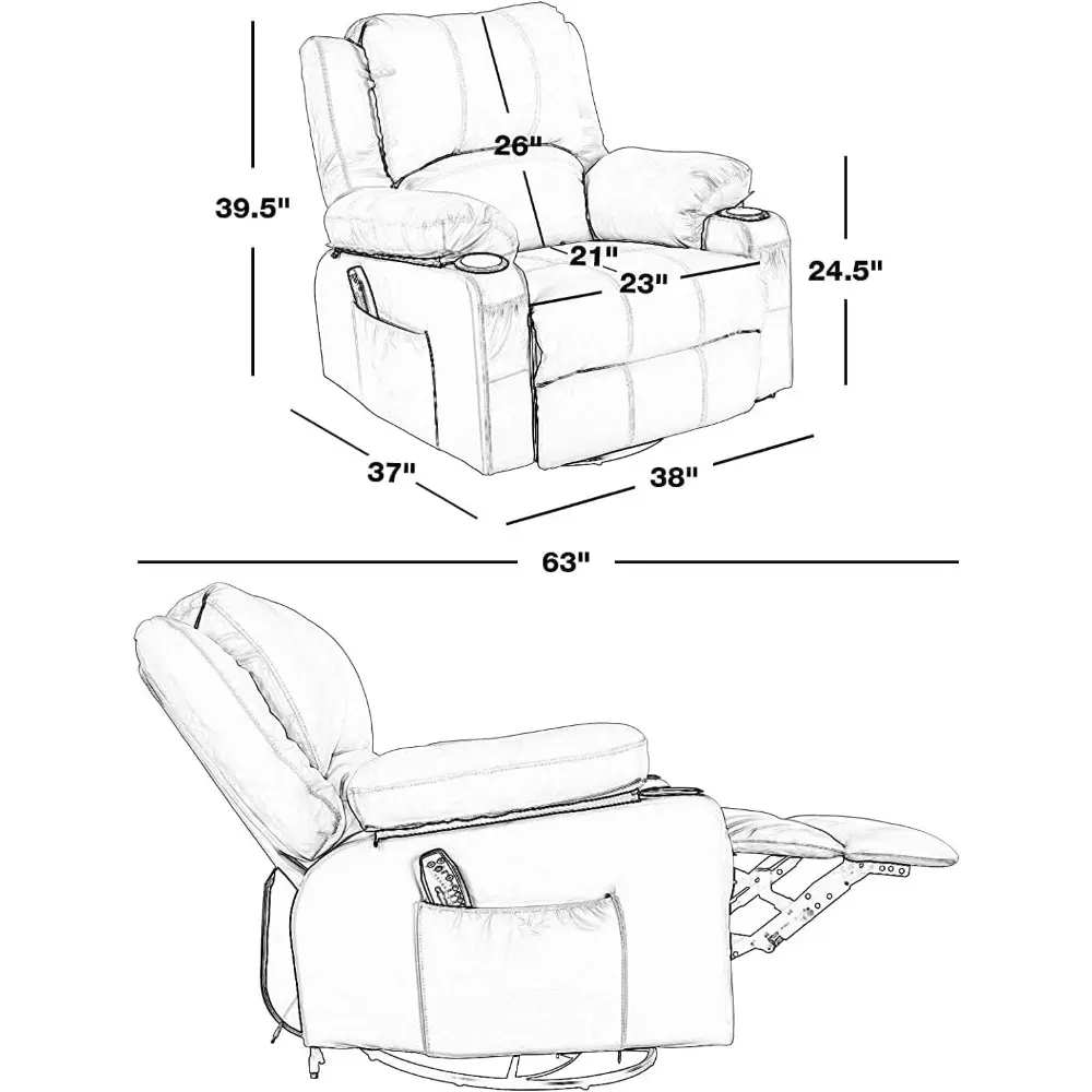 Oversized Leather Swivel Recliner Chairs with Heat and Massage for Living Room Comfort