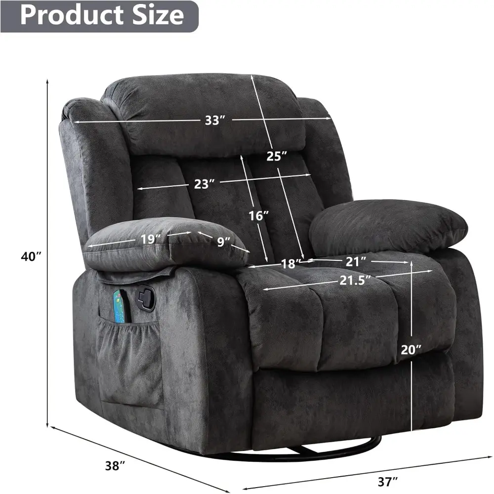 Swivel Rocker Recliner Chair with Heat and Vibration, 360-Degree Swivel Manual Recliners, Non-Slip Fabric, Single Sofa for Comfo