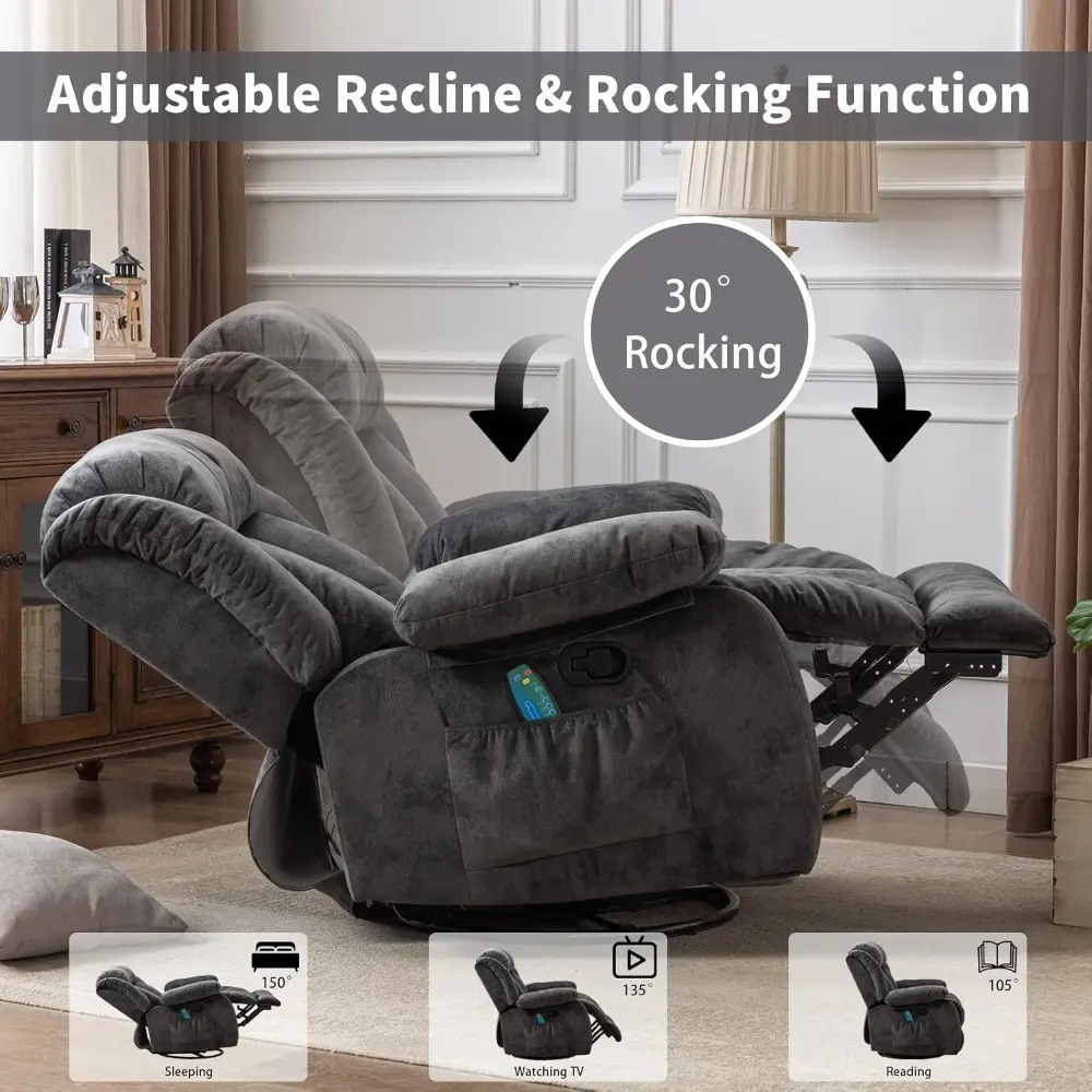 Swivel Rocker Recliner Chair with Heat and Vibration, 360-Degree Swivel Manual Recliners, Non-Slip Fabric, Single Sofa for Comfo