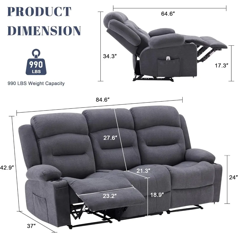 Oversized Recliner Sofa with Heat and Massage, Wall-Hugger Reclining Sofa with USB Port and Cup Holders, Big Large 3-Seater RV R