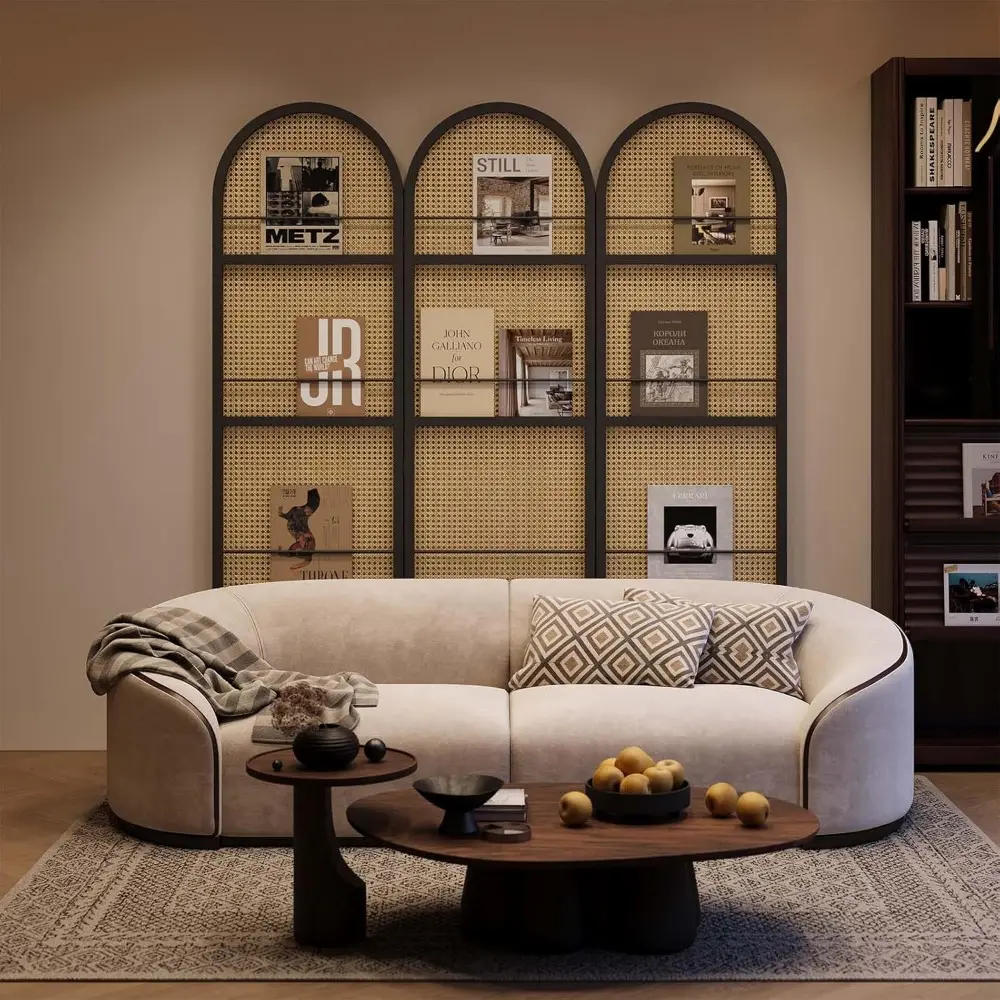 Rattan Room Divider with Built-in Bookshelf | Foldable Privacy Screen & Portable Partition for Home Office, Bedroom, Reading Noo