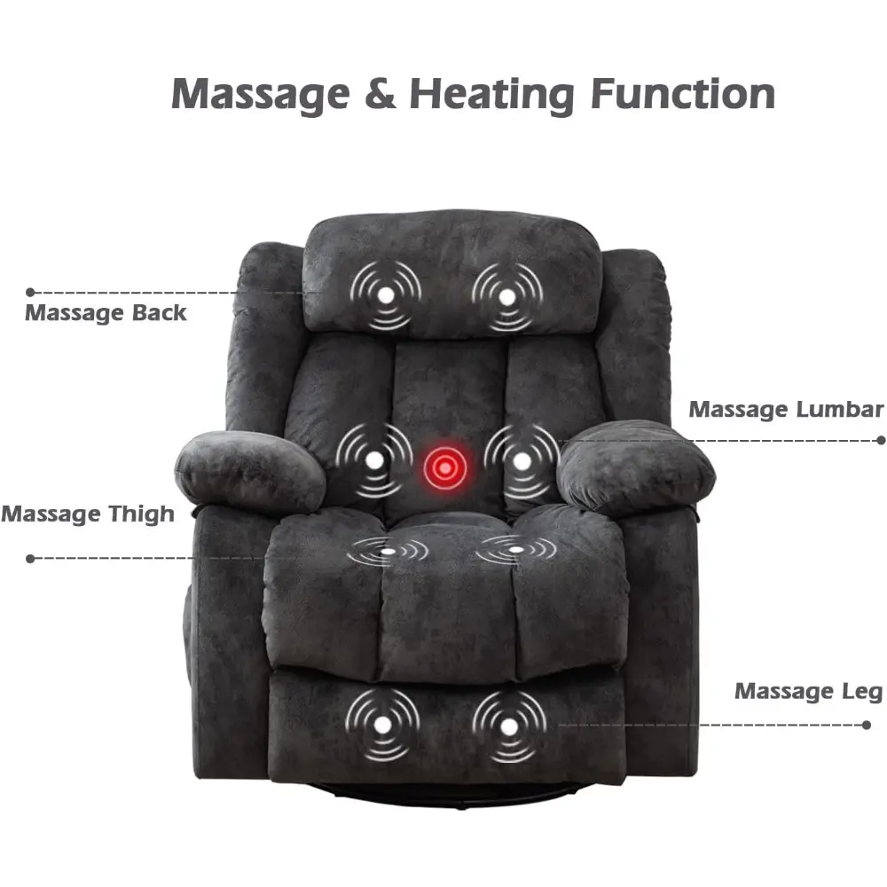 Swivel Rocker Recliner Chair with Heat and Vibration, 360-Degree Swivel Manual Recliners, Non-Slip Fabric, Single Sofa for Comfo
