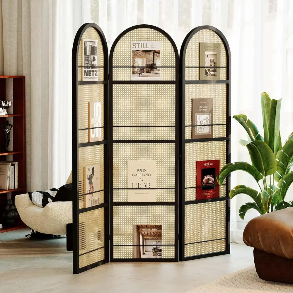 Rattan Room Divider with Built-in Bookshelf | Foldable Privacy Screen & Portable Partition for Home Office, Bedroom, Reading Noo
