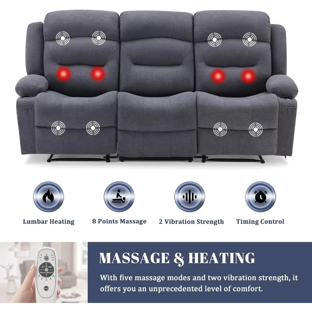 Oversized Recliner Sofa with Heat and Massage, Wall-Hugger Reclining Sofa with USB Port and Cup Holders, Big Large 3-Seater RV R