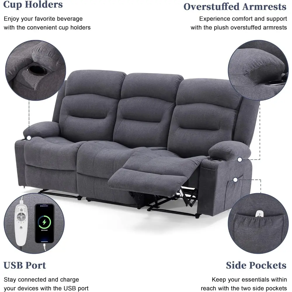 Oversized Recliner Sofa with Heat and Massage, Wall-Hugger Reclining Sofa with USB Port and Cup Holders, Big Large 3-Seater RV R