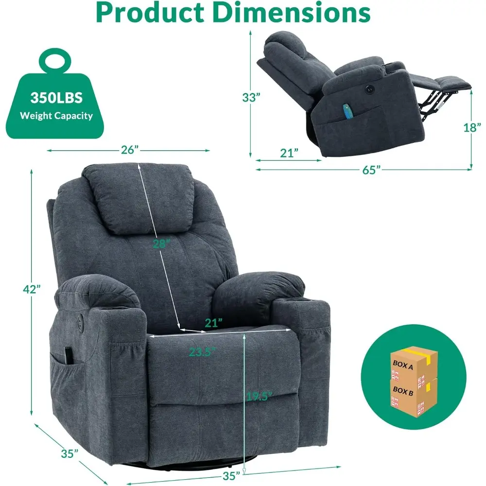 Ergonomic Swivel Glider Recliner Chair with Heat Massage and 360° Rotation, Lounge Sofa for Home Theater with Dual Cup Holders