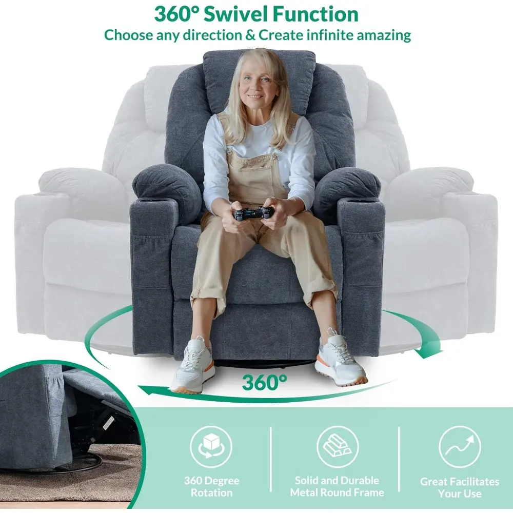 Ergonomic Swivel Glider Recliner Chair with Heat Massage and 360° Rotation, Lounge Sofa for Home Theater with Dual Cup Holders