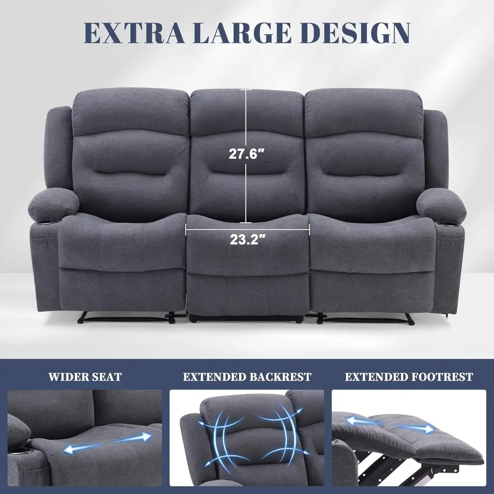 Oversized Recliner Sofa with Heat and Massage, Wall-Hugger Reclining Sofa with USB Port and Cup Holders, Big Large 3-Seater RV R