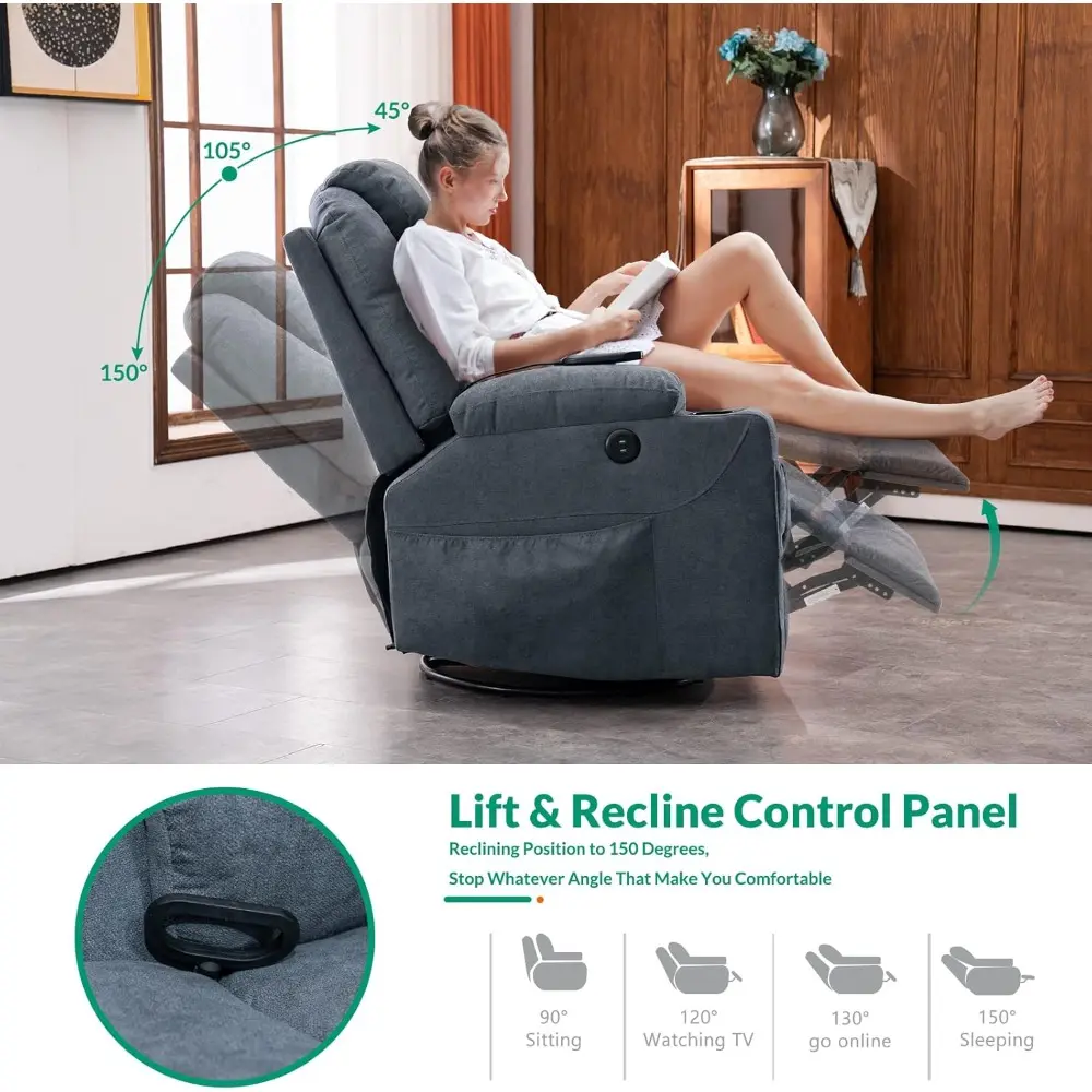 Ergonomic Swivel Glider Recliner Chair with Heat Massage and 360° Rotation, Lounge Sofa for Home Theater with Dual Cup Holders