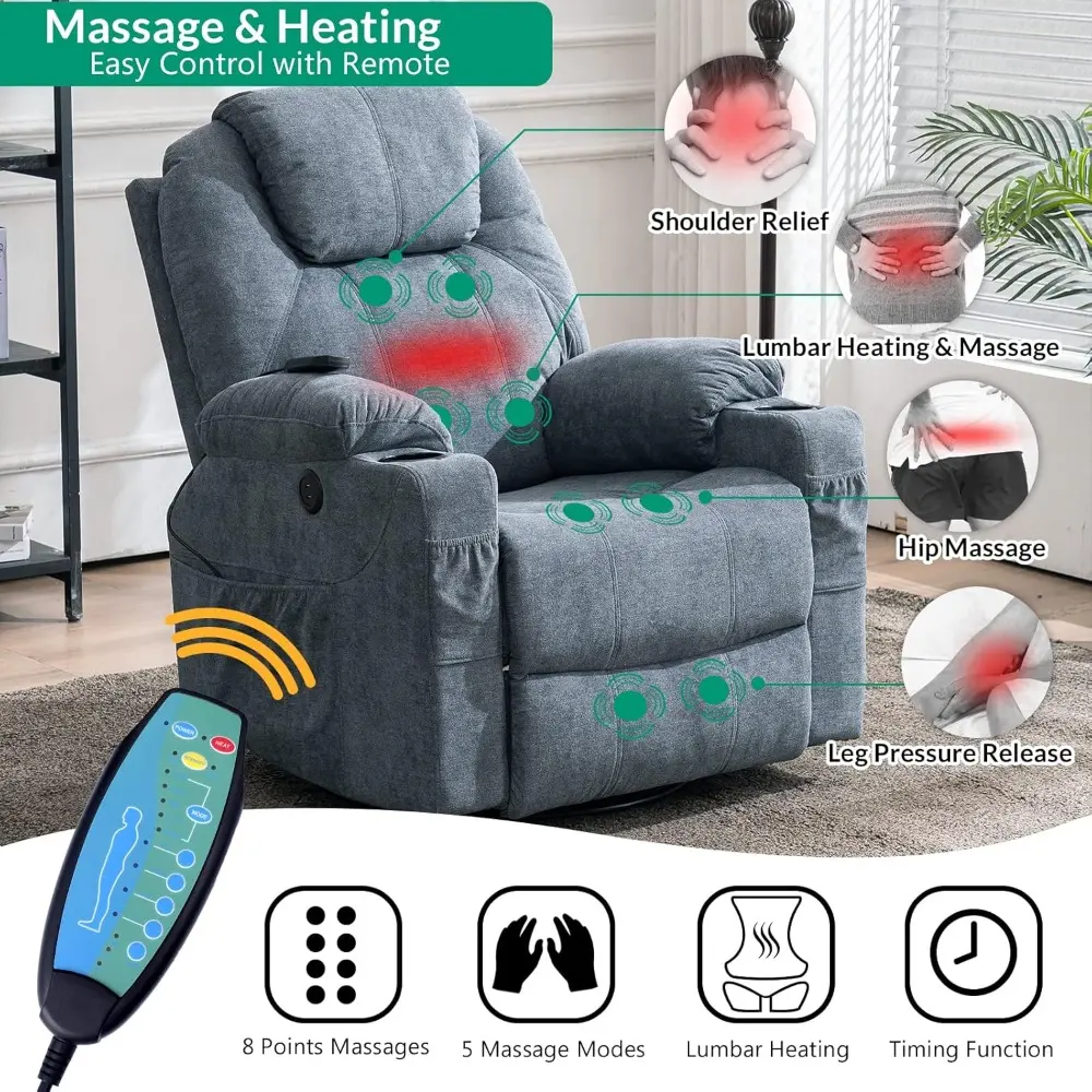 Ergonomic Swivel Glider Recliner Chair with Heat Massage and 360° Rotation, Lounge Sofa for Home Theater with Dual Cup Holders