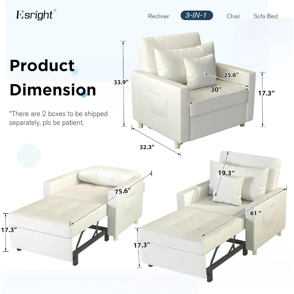 Sleeper Chair, 3-1 Convertible Chair Bed Pull Out Single Sofa Bed with Adjustable Backrest, 2 Pillows, Side Pocket, Upgrade Mem