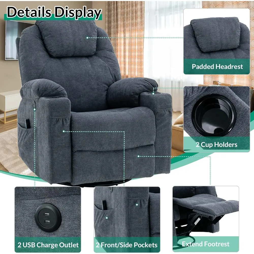 Ergonomic Swivel Glider Recliner Chair with Heat Massage and 360° Rotation, Lounge Sofa for Home Theater with Dual Cup Holders