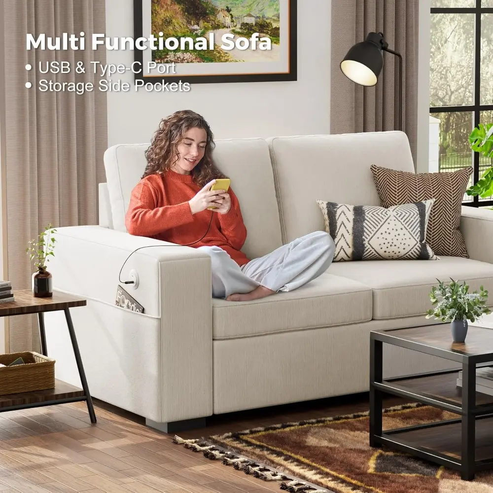 70" Sofa Couches for Living Room Set of 2, Deep Seat Sofa with USB/Type-C Port, Side Pockets, Removable Cover, Comfy 2-Seats Lo