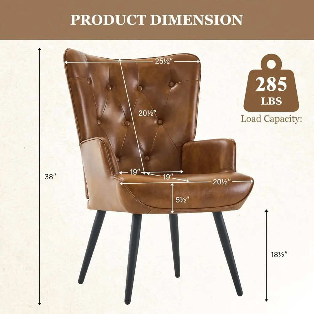 Accent Chairs Set of 2, Brown PU Leather Reading Armchair with High Backrest, Wingback Corner Chair Mid Century Modern for Livi