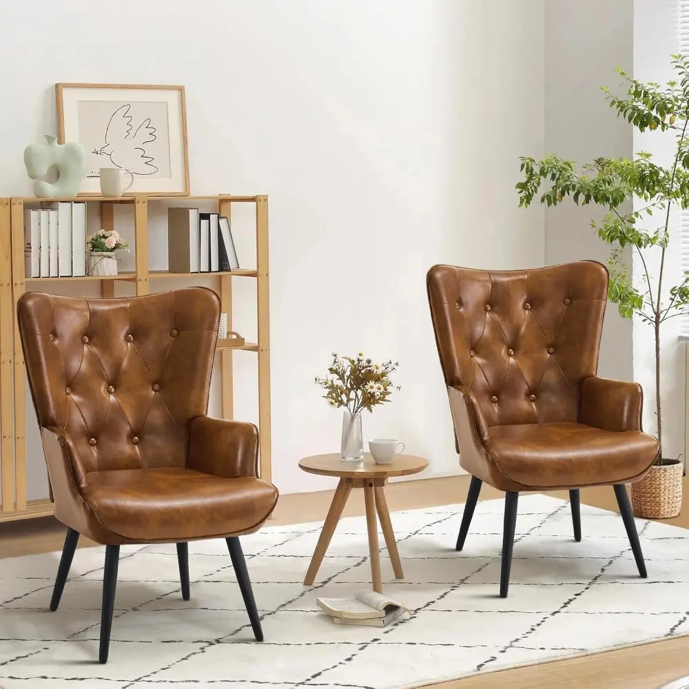 Accent Chairs Set of 2, Brown PU Leather Reading Armchair with High Backrest, Wingback Corner Chair Mid Century Modern for Livi