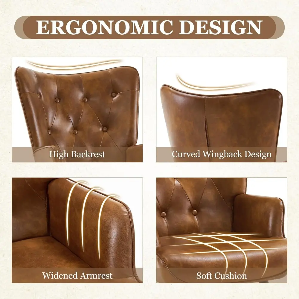 Accent Chairs Set of 2, Brown PU Leather Reading Armchair with High Backrest, Wingback Corner Chair Mid Century Modern for Livi