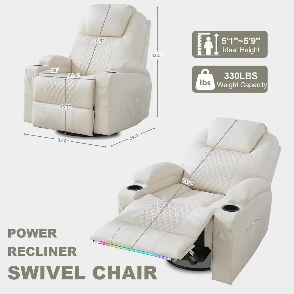 Electric Massage Chair with Swivel, Rocking, Reclining, Heat, LED Lights, USB & Type-C Ports, Infinite Positioning, and Cup Hold