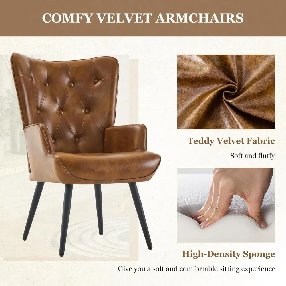 Accent Chairs Set of 2, Brown PU Leather Reading Armchair with High Backrest, Wingback Corner Chair Mid Century Modern for Livi
