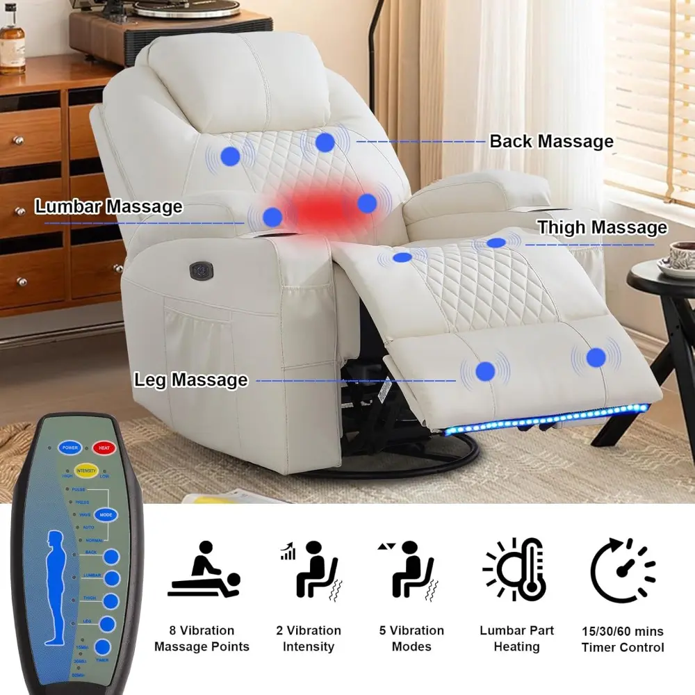 Electric Massage Chair with Swivel, Rocking, Reclining, Heat, LED Lights, USB & Type-C Ports, Infinite Positioning, and Cup Hold