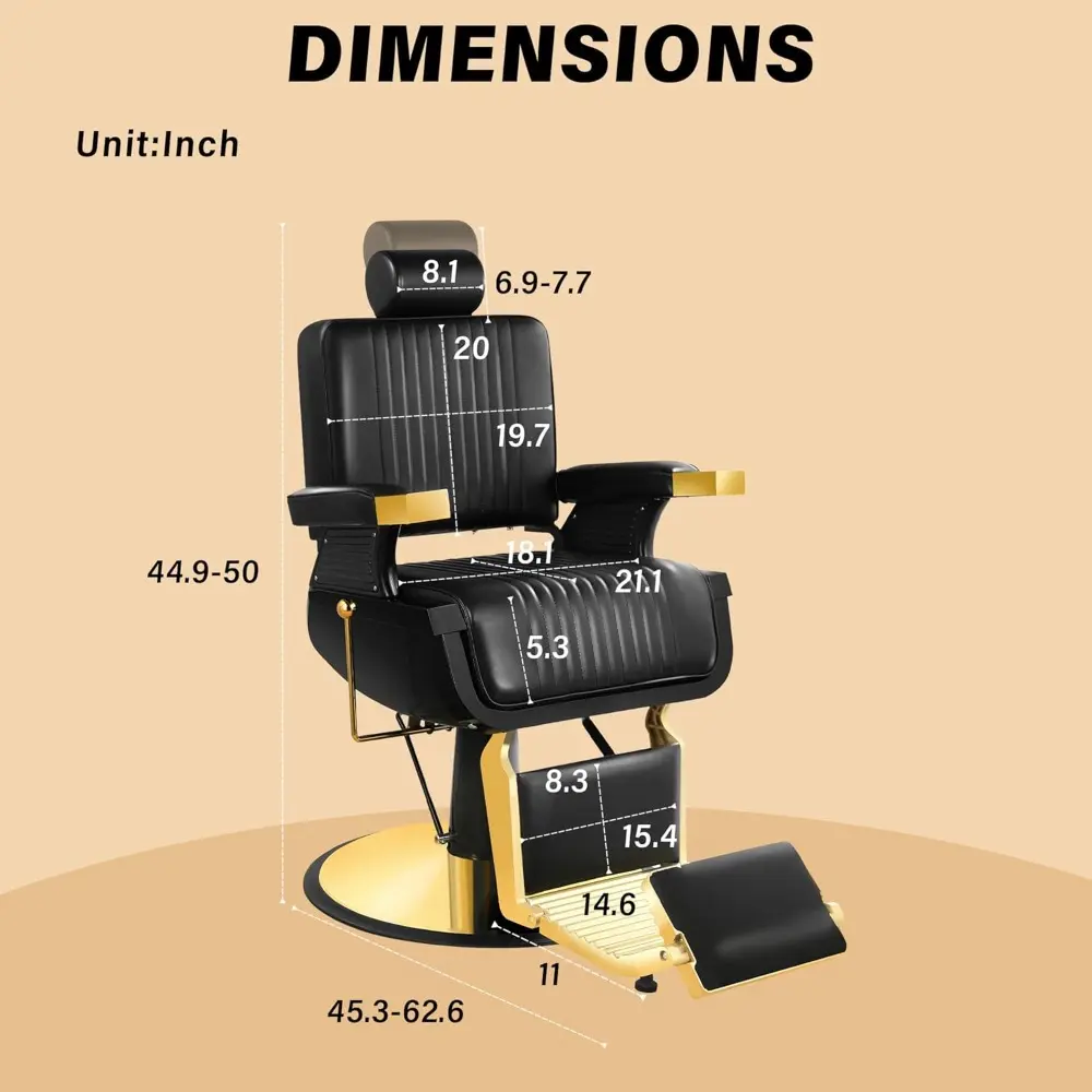 Black Gold Barber Chair, Reclining Salon Chair Hair Stylist, Barber Chairs for Barbershop Supports up to 500lbs, Professional Sa