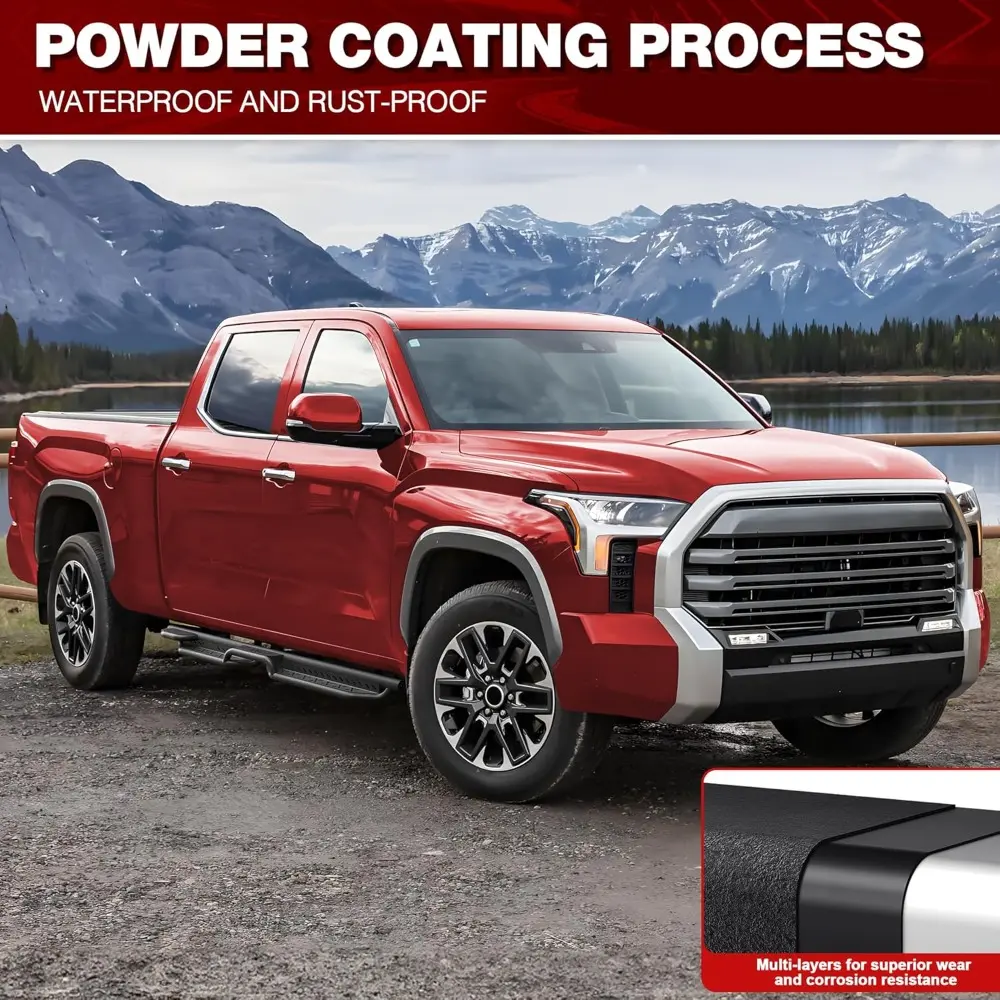 Running Boards Two Raised Step Compatible with 2022-2025 Toyota Tundra Crew Max with 4 Full-Size Doors, Two Stairs Design Side S