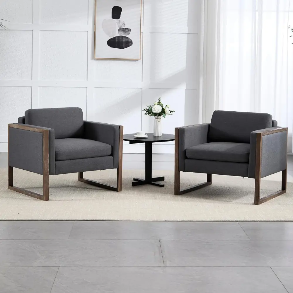Farmhouse Accent Chair Set of 2 French Country Linen Seat Club Armchair with Brushed Legs Upholstered Single Lounge Reading Chai