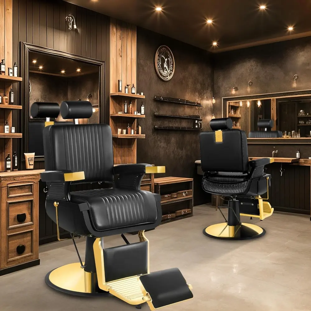Black Gold Barber Chair, Reclining Salon Chair Hair Stylist, Barber Chairs for Barbershop Supports up to 500lbs, Professional Sa