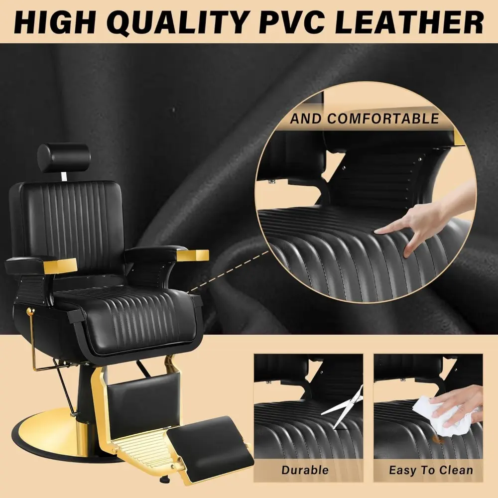 Black Gold Barber Chair, Reclining Salon Chair Hair Stylist, Barber Chairs for Barbershop Supports up to 500lbs, Professional Sa