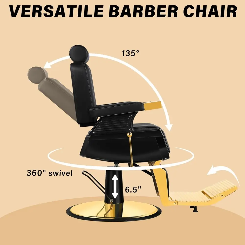 Black Gold Barber Chair, Reclining Salon Chair Hair Stylist, Barber Chairs for Barbershop Supports up to 500lbs, Professional Sa