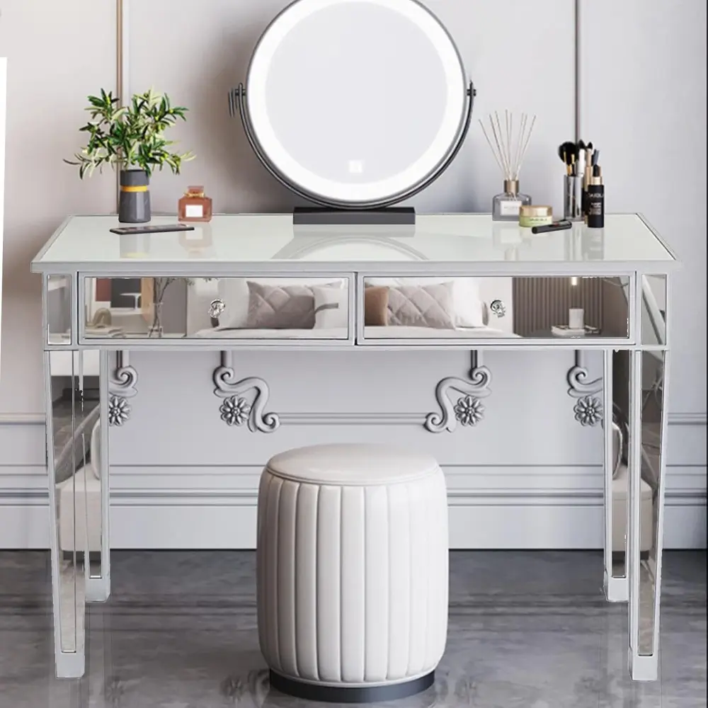 Mirrored Console Table, Modern Makeup Vanity Desk Dressing Table with 2 Drawers, Contemporary Accent Sofa Table for Entryway/Li