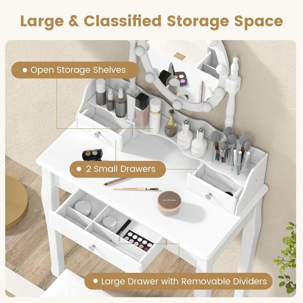 Byroce Vanity Desk with Mirror and Lights, Dressing Makeup Table Set with 360° Rotating Lighted Mirror, 10 Dimmable LED Bulbs &