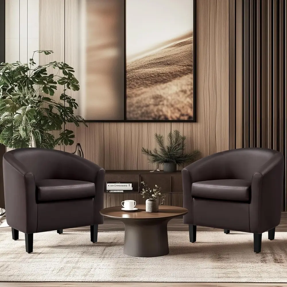 PU Leather Accent Chairs, Modern Barrel Chairs Side Chairs, Comfy Club Chairs with Soft Padded, 2 Chairs for Living Room/Bedroo