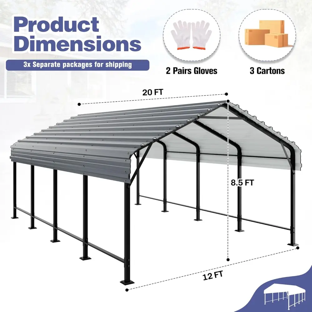 JY QAQA 12 x 20 ft Metal Carport, Heavy Duty Carport Canopy with Galvanized Steel Roof, Outdoor Car Tent Metal Garage Shelter fo