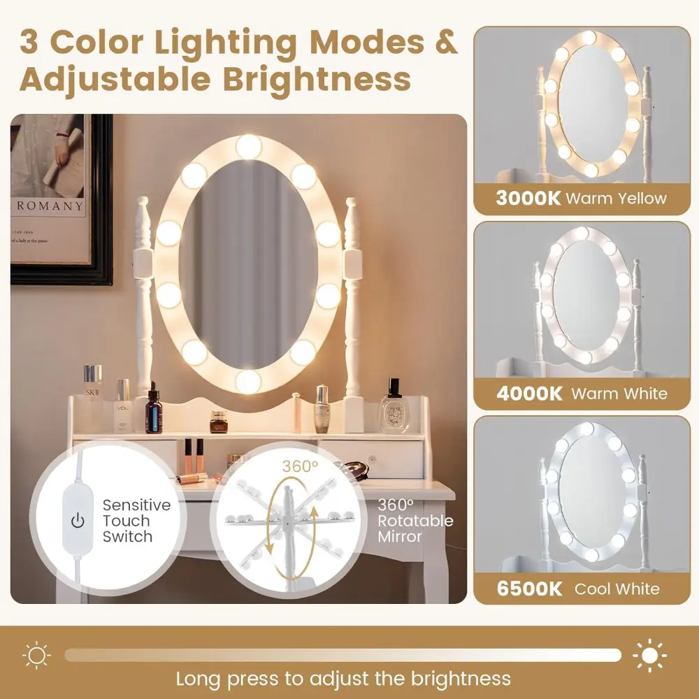Byroce Vanity Desk with Mirror and Lights, Dressing Makeup Table Set with 360° Rotating Lighted Mirror, 10 Dimmable LED Bulbs &